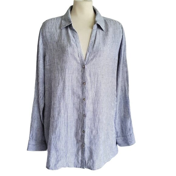TAHARI 100% Linen Long Button Down Shirt Steel Blue and White Stripes Size L - Picture 1 of 15
